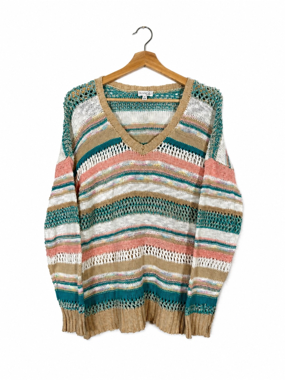 OLIVIA SKY Pastel Cotton Blend Knit Crochet Striped V-Neck Sweater M Chevron